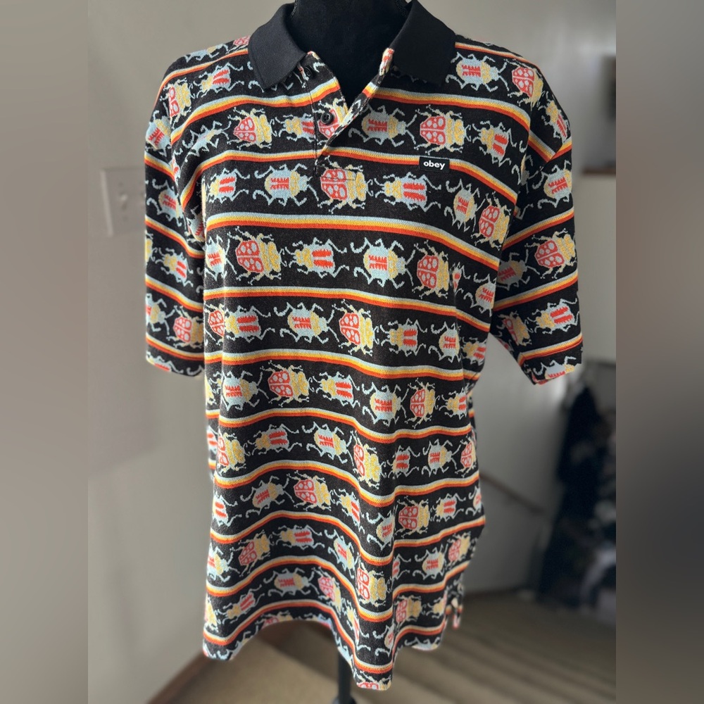 Obey Bugs Jacquard knit Polo Shirt Black MultiSeason Men’s M colorful preppy